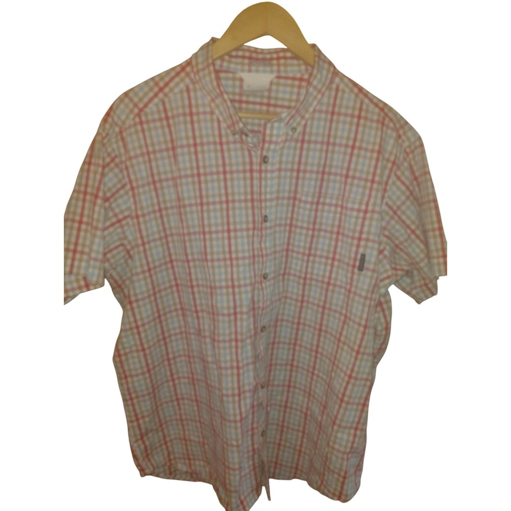 Columbia Mens XL Regular Fit Short Sleeve Plaid Button Down Shirt Red Blue Tan